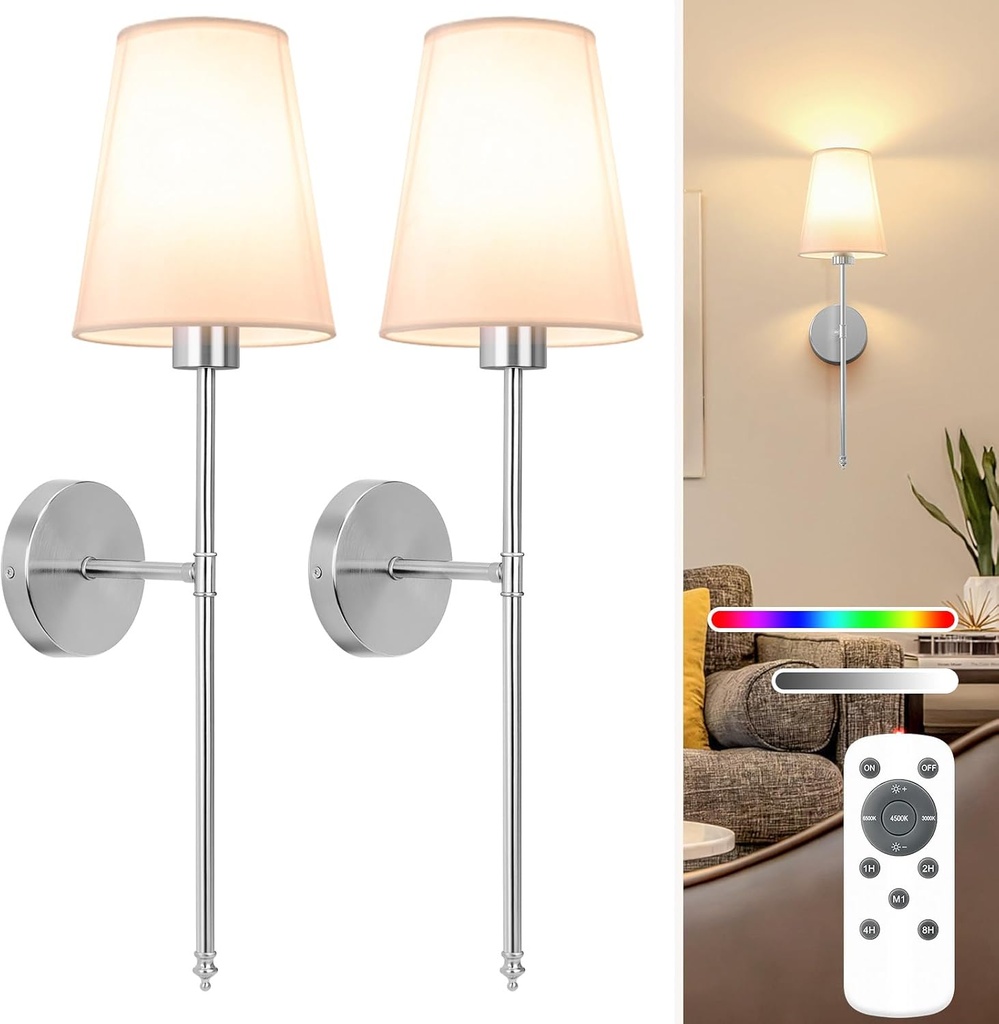 NIORSUN 25.4 inch Brushed Nickel Battery Operated Wall Sconce Set of 2,Rechargeable Wall Lights with Dimmable Detachable Bulbs and Remote,9 Colors Wireless Sconces for Bedroom Living Room Hallway