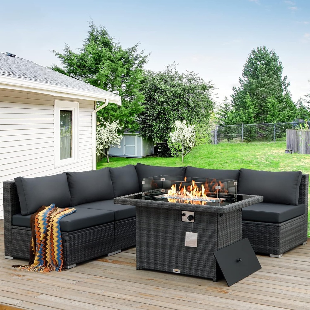 BULEXYARD 6 Pcs High Back Outdoor Patio Furniture Set with Fire Pit, Extra Large L-Shaped Deep Wide Backyard Sectional Seating, Heavy Duty All-Weather Wicker Modular Conversation Couch 5-Seater, Grey