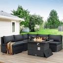 BULEXYARD 6 Pcs High Back Outdoor Patio Furniture Set with Fire Pit, Extra Large L-Shaped Deep Wide Backyard Sectional Seating, Heavy Duty All-Weather Wicker Modular Conversation Couch 5-Seater, Grey
