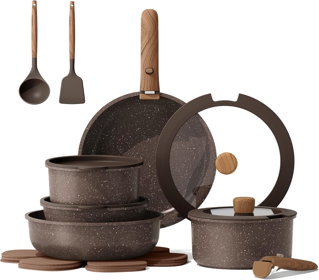 CAROTE 17PCS Pots and Pans Set Non Stick with Detachable Handle, Nonstick Cookware Sets, Cooking Kitchen Set, Oven/Dishwasher Safe, Induction Cookware, Brown, RV Kitchen Pot and Pan