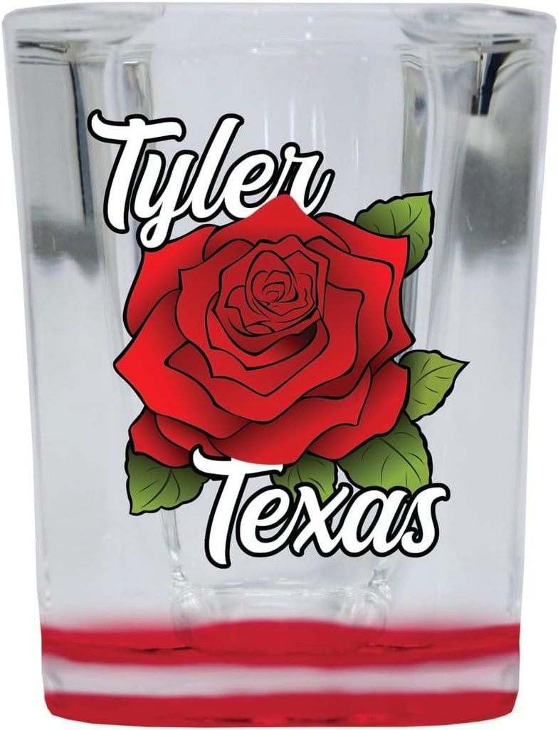 R and R Imports Tyler Texas Red Rose Design Souvenir 2 ozShot Glass Square Red Base Single