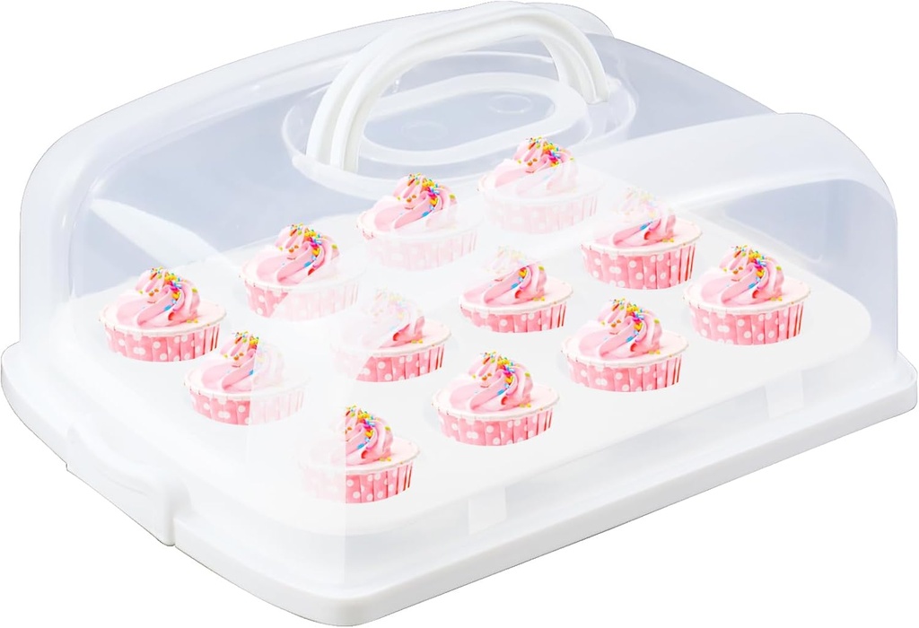 FEOOWV 2in1 Cupcake Carrier and Cake Keeper with Lid, Rectangle Pie Carrier,Large Portable Storage Container for Storing 12 Cupcakes or 1 Large Cake (White)