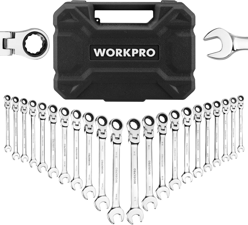 WORKPRO 22-Piece Ratcheting Wrench Set, Flex-Head Ratchet Combination Wrench Sets with Organizer Box, 72 Teeth, Metric 6-18mm & SAE 1/4-3/4"