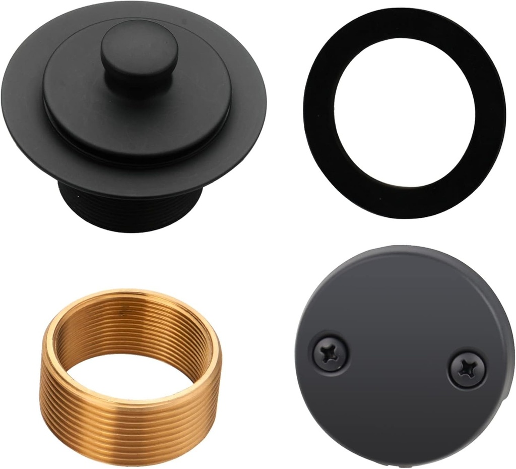 Black tub Drain Lift &Turn Tub Trim Set with Two-Hole Overflow Faceplate Conversion Kit Assembly, Hidrop Bathtub Drain Replacement Trim Kit and Universal Fine/Coarse Thread, Matte Black