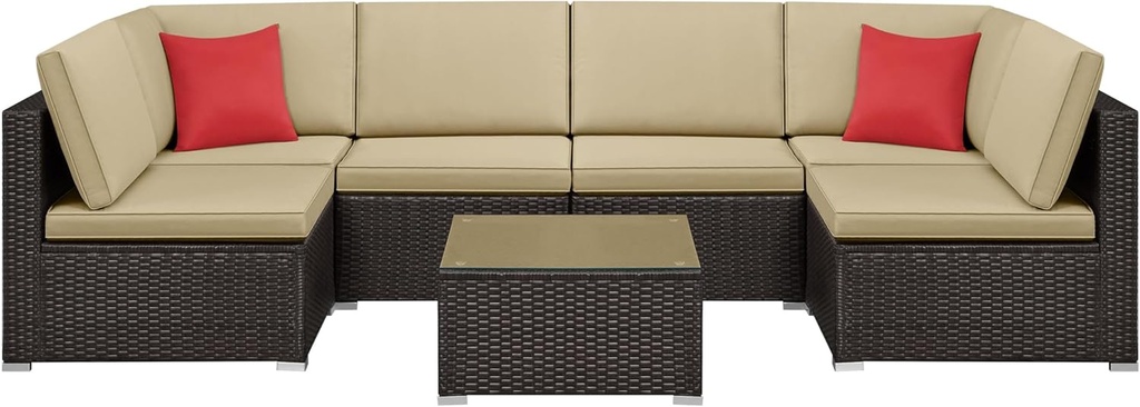 Yaheetech Patio Furniture Set, 7-Piece Outdoor/Indoor Rattan Wicker Sofa Set w/Glass-top Table & Cushions, All-Weather Conversation Lounge Set for Porch/Yard/Poolside/Balcony - Brown/Khaki