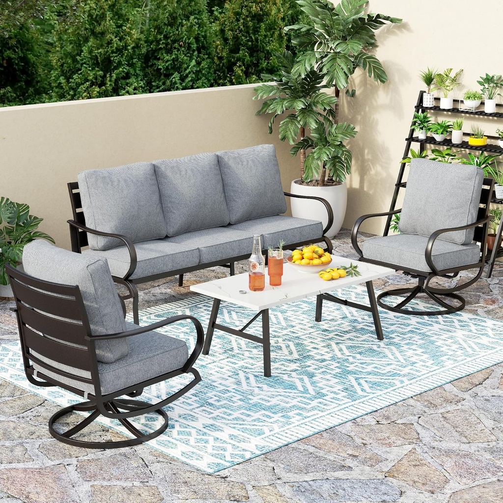 PHI VILLA 4 Piece Patio Furniture Sets for 5 Person with 1 x 3-Seat Deep Seating Bench, 2 x Cushioned Swivel Sofa Chairs & 1 x Coffee Table, Outdoor Metal Conversation Set for Lawn Garden,Grey