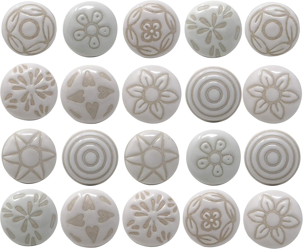 Ajuny Set of 20 Ceramic Knobs White for Dresser Drawers Chest Cupboard Bathroom Cabinet Kitchen and Furniture Handmade Vintage Handles Pull Decorative Knobs