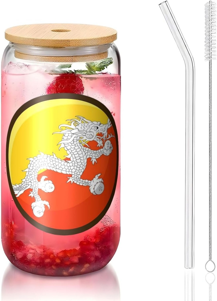 Flag Of Bhutan 16 Oz Drinking Glasses With Bamboo Lids,Glass Straw And Cleaning Brushes Glass Tea Cup For Iced Coffee,Smoothie,Cocktail,Beer,Whiskey,Soda,Matcha