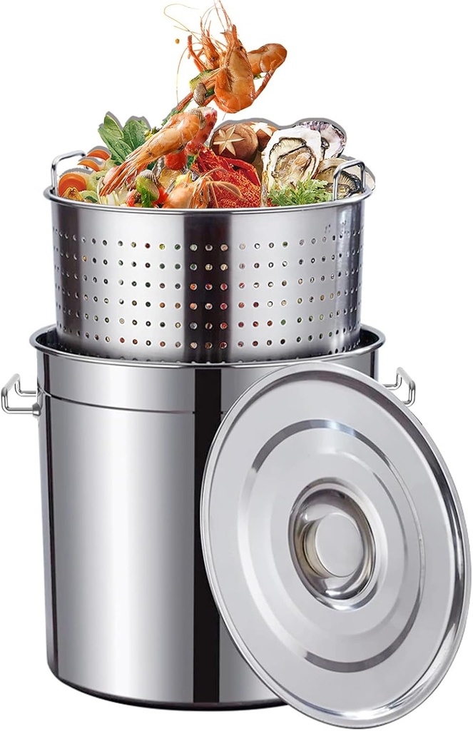60-Quart Stainless Steel Seafood Boil Pot with Lid,Crab, Lobster, Shrimp Boil Stock Pot with Strainer, Turkey Fryer Pot, Stock Pot Boiler Deep,Fried Cooker for Commercial Outdoors