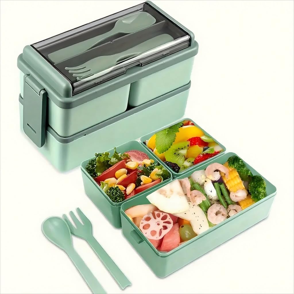 1400ml Lunch Box with 3 Compartments - 2 Layer Leak Proof Bento Box with Insulated Bag and Cutlery, Meal Prep Container Box for Adults Kids Students Office Microwave Dishwasher Safe Available (Green)