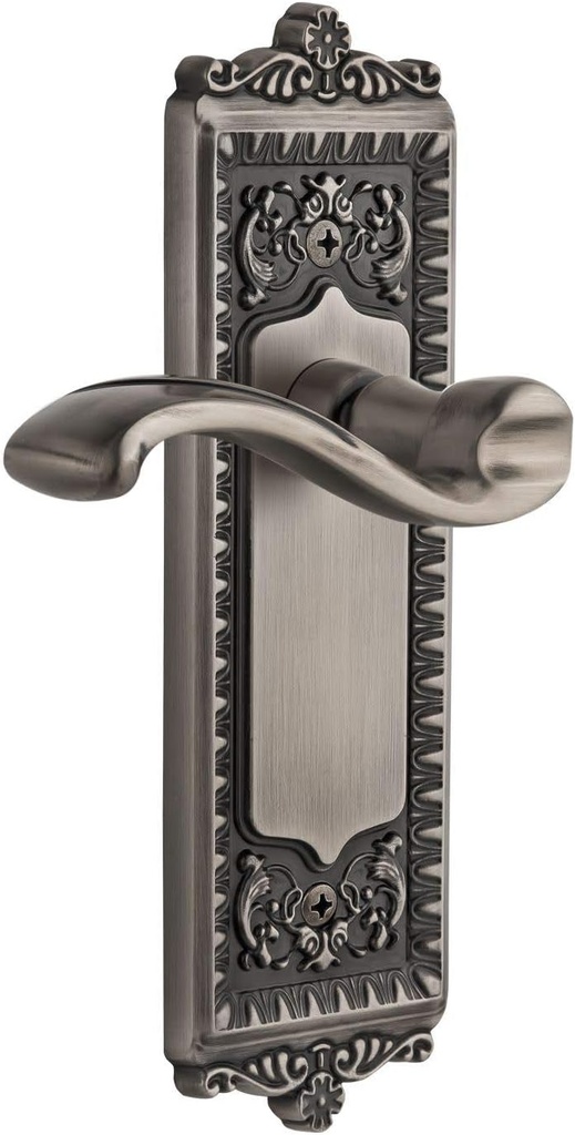 Grandeur WINPRT_PSG_234 Windsor Solid Brass Rose Right Handed Passage Door Lever Set with Portofino Lever and 2-3/4" Backset - Antique Pewter