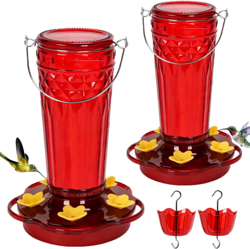 Hummingbird Feeder 2pack-14Ounces，5 Feeding Ports Glass Hummingbird feeders for Outdoors,Wide Mouth for Easy Filling/Cleaning，Hanging for Garden Backyard Decor, Includes Ant Moat (Red)