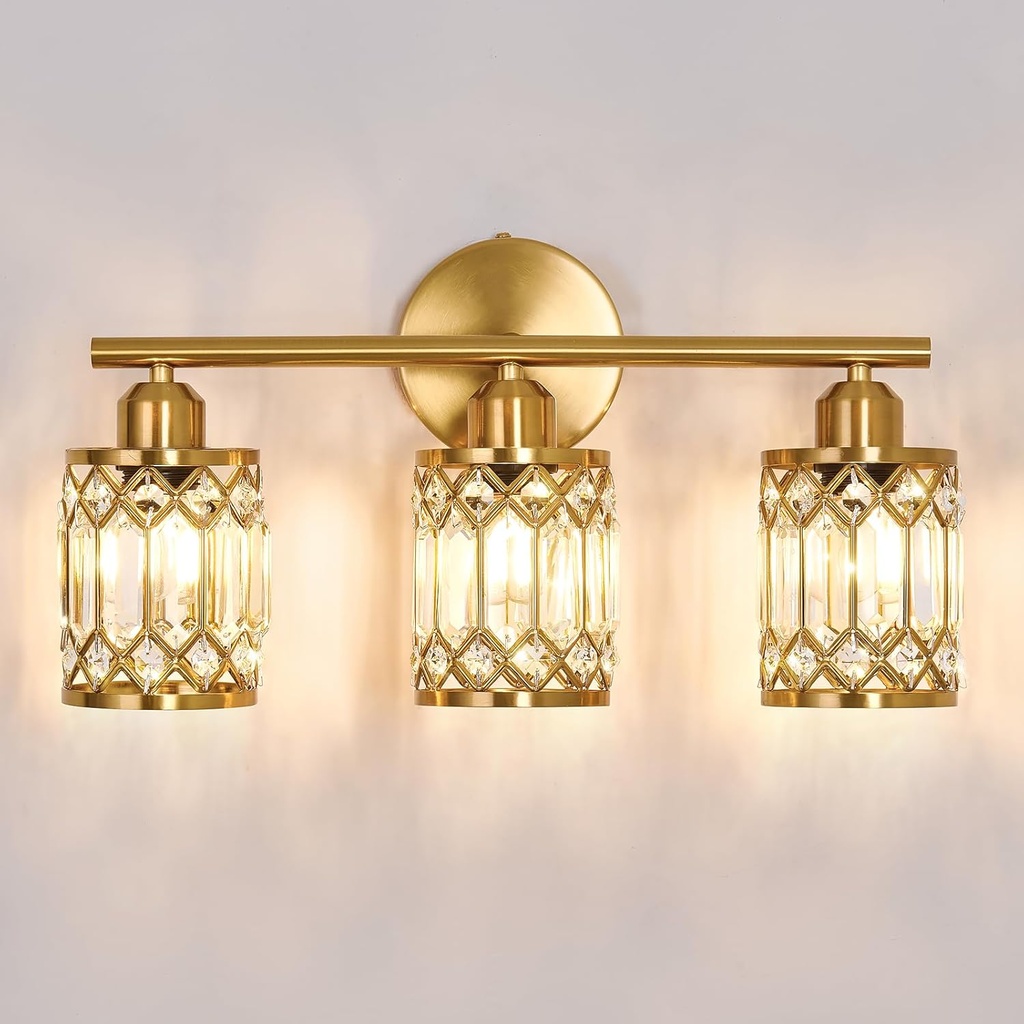 3 Light Bathroom Vanity Light Fixture Over Mirror Brushed Gold Vintage Vanity Lights with Glass Shade Farmhouse Wall Sceonce for Bedroom Dressing Room Living Room Hallway Cabinet