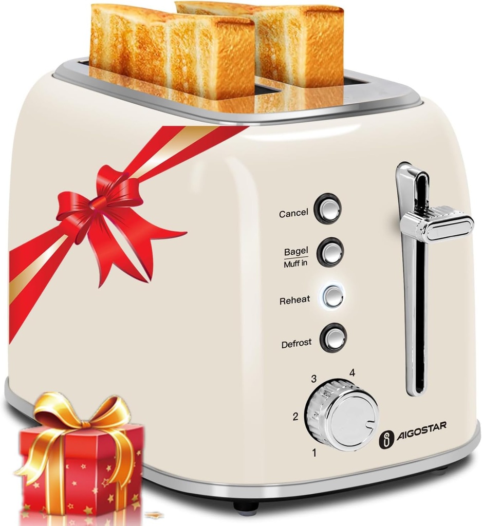 Aigostar Toaster 2 Slice, Retro Extra-Wide Slot Toasters Best Rated Prime for Toasting Bagels, Breads, Waffles & More, Cancel, Defrost & 6 Browning, Removable Crumb Tray, Stainless Steel, Cream White