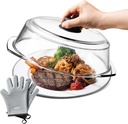 Glass Microwave Splatter Cover for Food Plates & Cookware with Oven Mitts, Borosilicate Glass Splatter Lid Guard with Vent Hole & Easy Grip Silicone Handle, 100% BPA Free & Dishwasher Safe