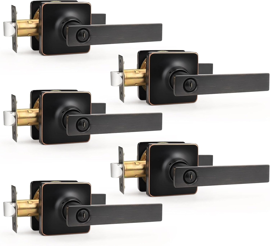 GOBEKOR Bronze Door Handles with Lock Interior Door Handles Oil Rubbed Bronze Passage Door Levers for Closet Keyless Square Door Locks 5 Pack