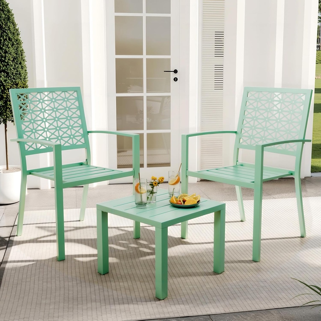 GarveeLife 3 Pieces Patio Furniture Set, Metal Outdoor Furniture with 2 Chairs and Coffee Table, Modern Bistro Set for Garden, Balcony, Porch, Light Green