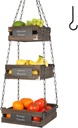 J JACKCUBE DESIGN 3-Tier Rustic Wood Hanging Fruit Basket, Kitchen Fruit, Vegetable Storage Organizer, Countertop Space Saver- Heavy Duty Metal Hooks- MK1008A