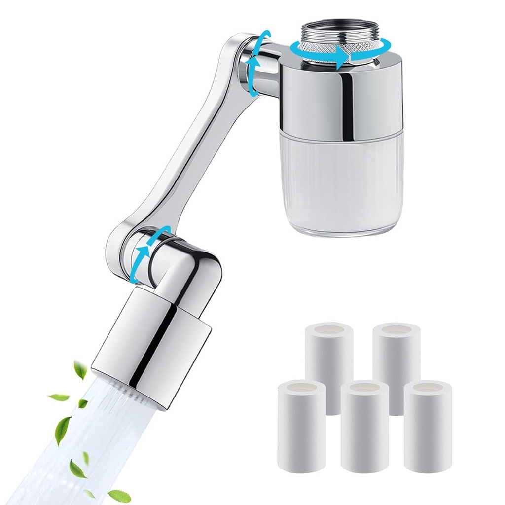1080° Swivel Faucet Water Filter with 6 Filters, 2 Spray Modes, Splash-Proof Faucet Extender for Kitchen & Bathroom Sink, Brass Aerator for Face/Hand Wash, Toddler-Friendly