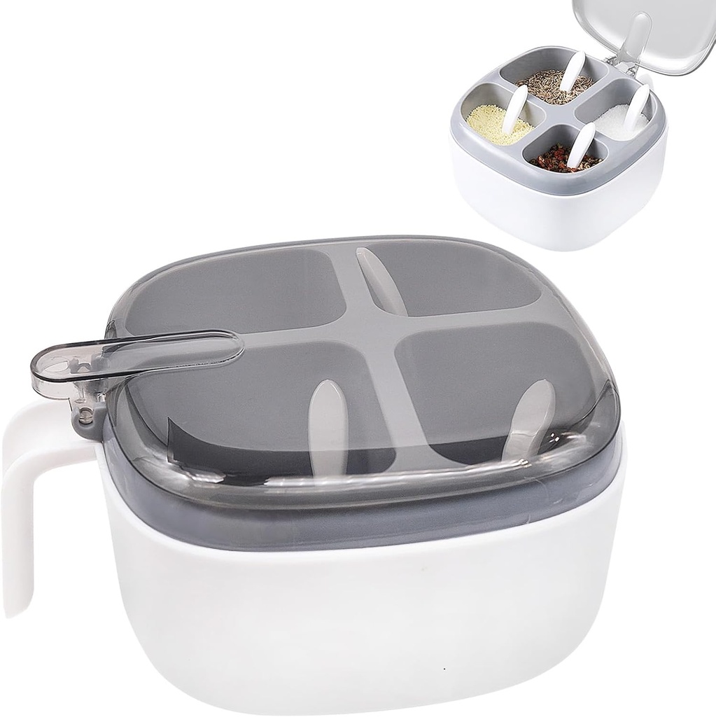 Seasoning Box with Lid and Spoon, 4 Compartment Spice Pots with Handle, Home Kitchen Condiment Jars for Sugar Salt Pepper