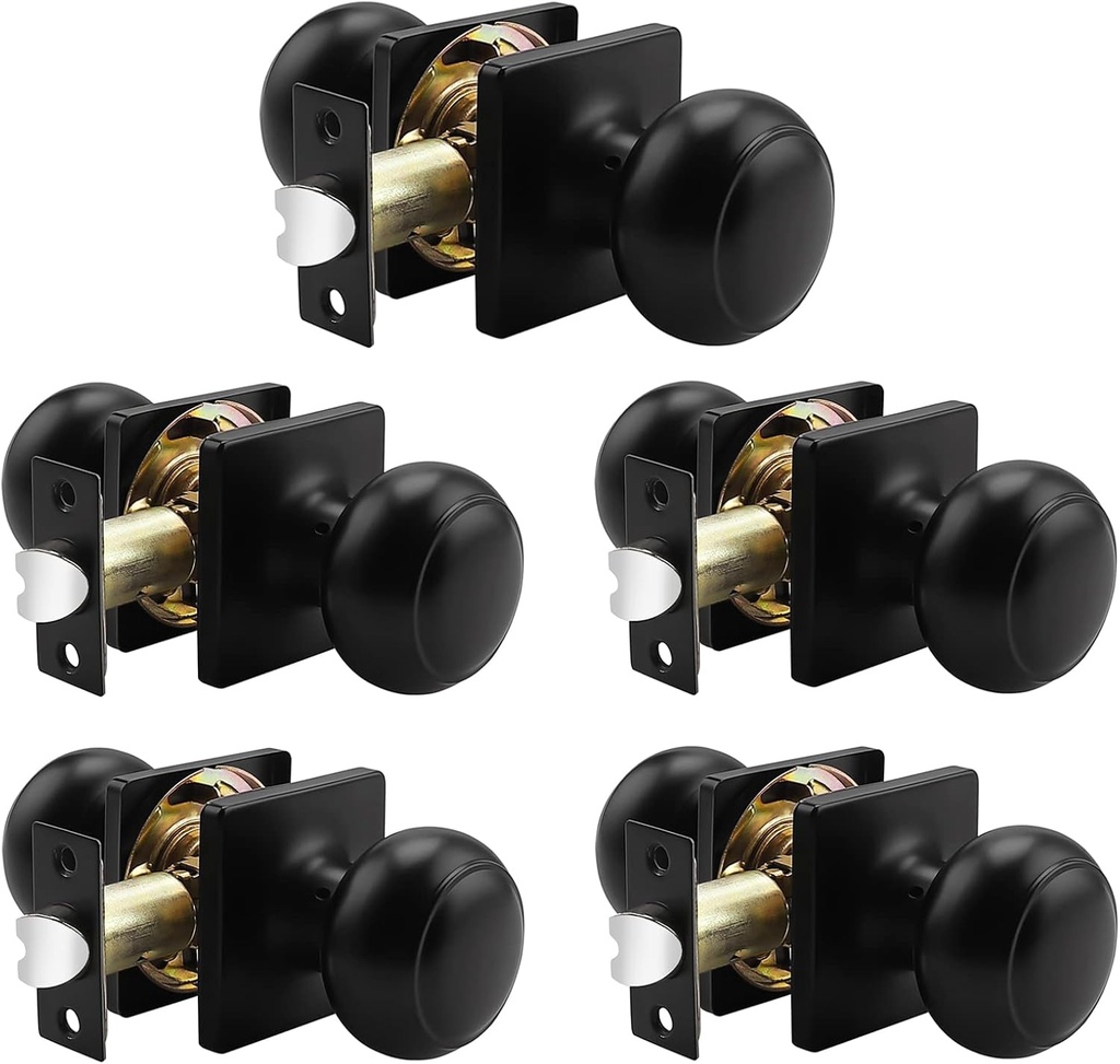 Probrico Hall Closet Interior Door Knobs, Black Passage Door Knobs Round Keyless Non-Locking Door Handles with Square Rosette, 5 Pack