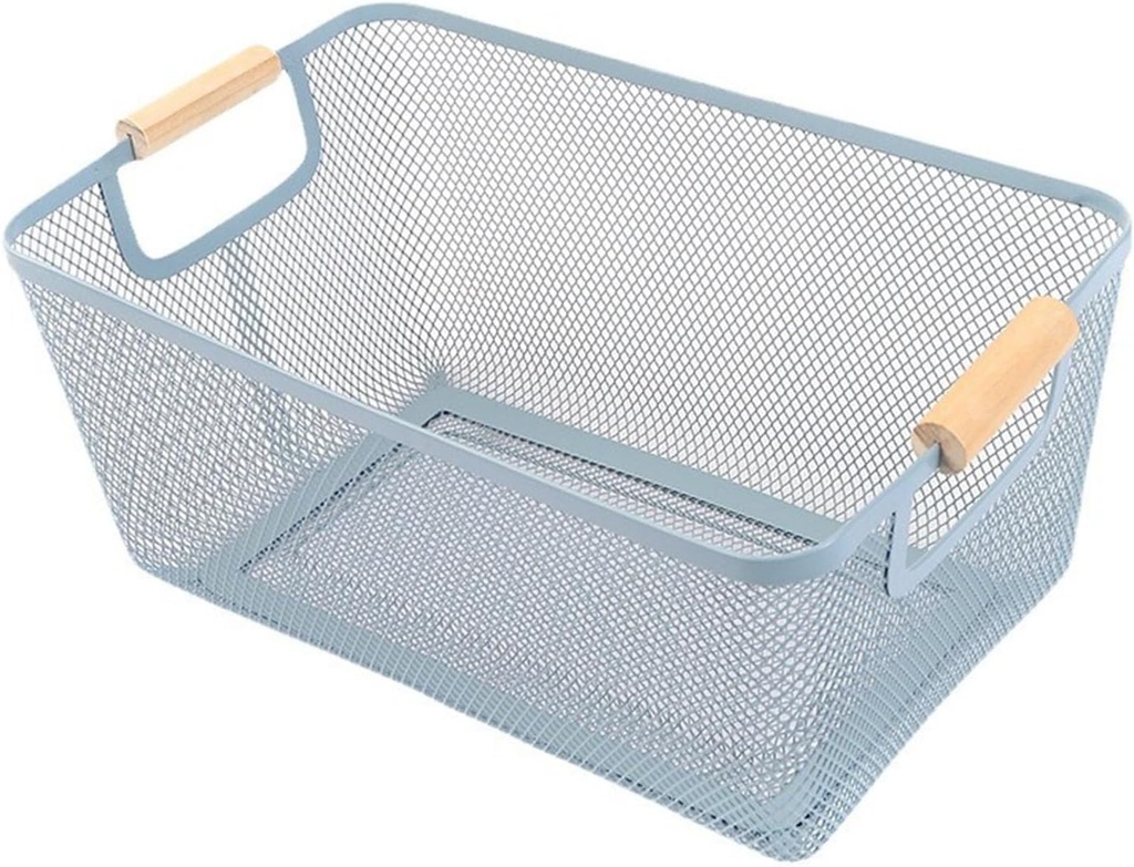 Metal Mesh Steel Basket, Large Wire Storage Organizer Basket Multi-function Hanging Kitchen Baskets with Wood Handle for Kitchen Bathroom Picnic Home, Rectangle-Blue