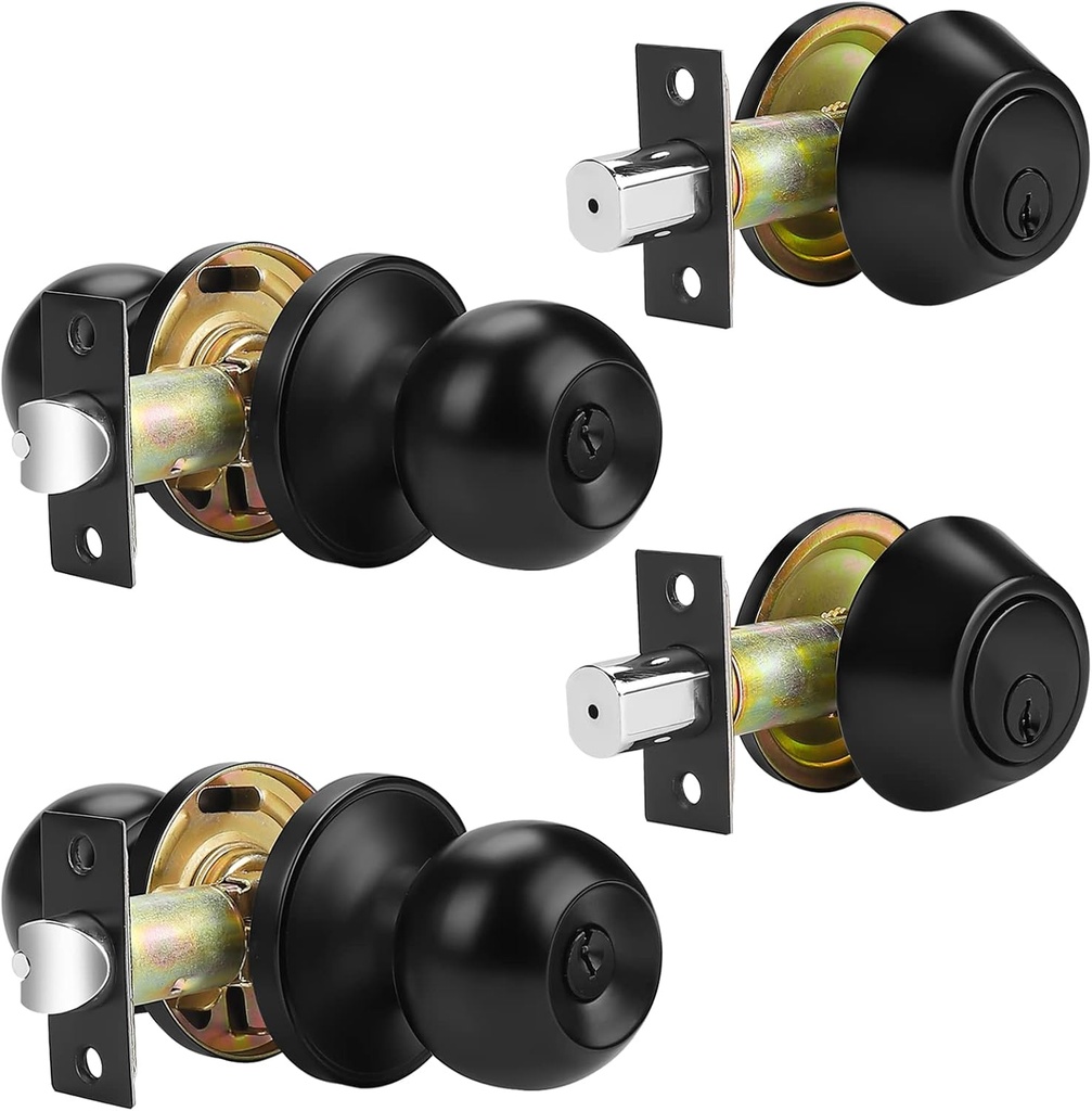 Probrico 2Pack Door Knob and Single Cylinder Deadbolt Lock Set, Black Front Door Handle and Deadbolt,Keyed Alike Reversible Door Knob and Deadbolt Set, Exterior Door Lock Set with Deadbolt