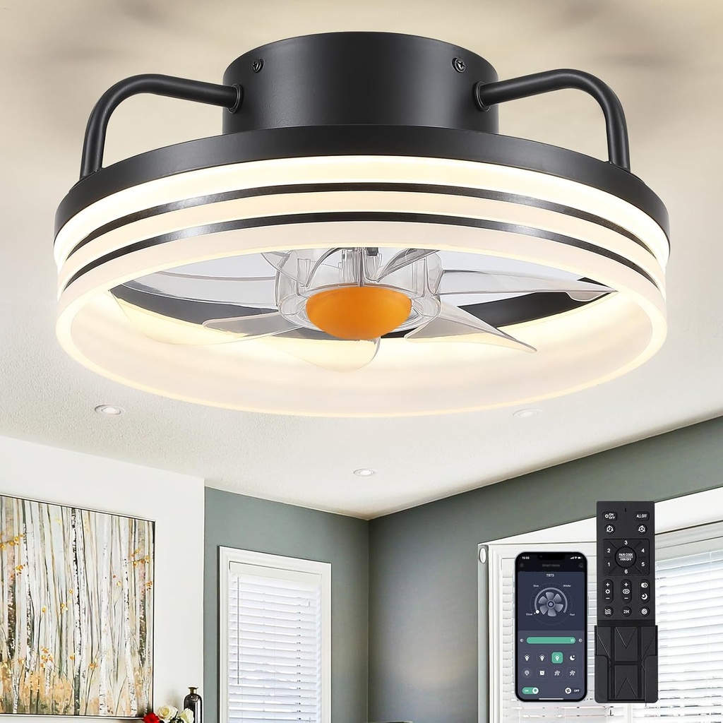Ceiling Fans with Lights and Remote - Flush Mount Low Profile Ceiling Fans - 13” Bladeless Enclosed Ceiling Fans with Led Light and Stepless Dimming, Small Modern Ceiling Fan for Bedroom