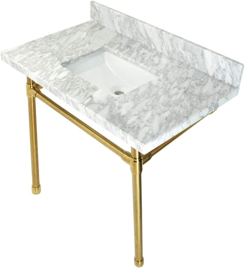 Kingston Brass KVPB36M8SQ7ST Dreyfuss 36" Carrara Marble Vanity Top with Stainless Steel Legs, Marble White/Brushed Brass