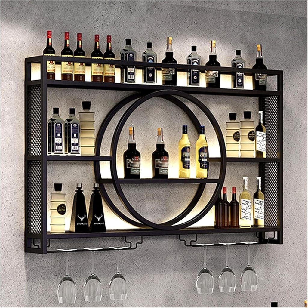 Wall Mounted Wine Rack, Modern Industrial Hanging Liquor Bottles Shelves with Wine Glass Holder, Metal Floating Wine Storage Display Shelf, for Bar, Kitchen, Wine Cellar,47 inch