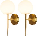 Modern Gold Globe Wall Sconce Decor Set of 2, Industrial Mid Century Bathroom Vanity Wall Light with White Globe Glass Shade Brushed Brass Wall Lamp for Restaurant Living Room Bedside Stairs