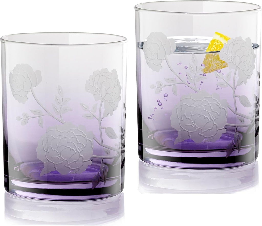 QUALIA Peony Purple Floral Colored Drinking Glasses Set of 2, 14 oz Unique Whiskey Glasses, Old Fashioned Cocktail Glass, Lead-Free Glass Cup, Dishwasher Safe Tumbler, Bartending Gift For Housewarming