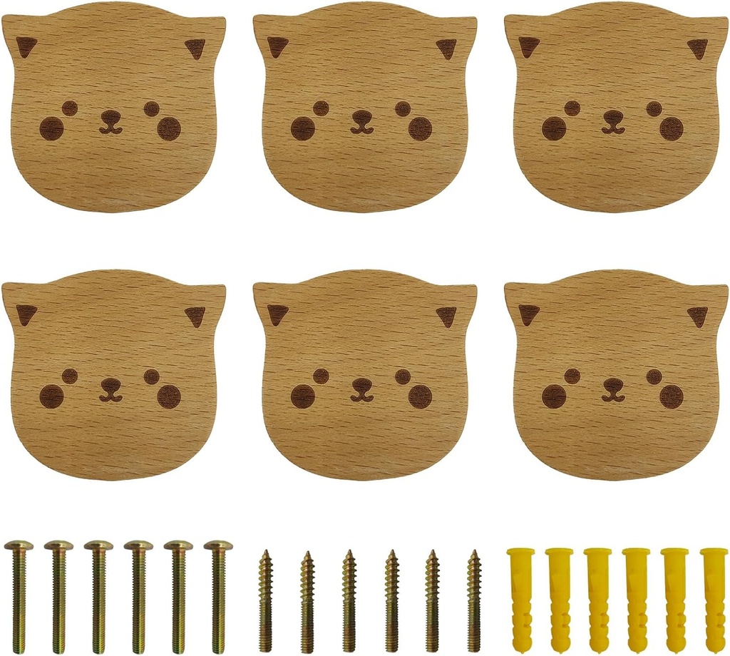 6PCS Wooden Cat Shaped Cabinet Knobs, Cabinet Handles, Single Hole Beech Wood Handles, Wood Hooks with Full Set of Screw Accessories