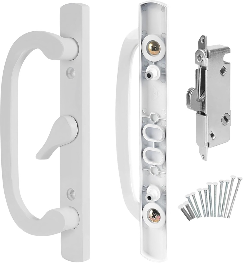 8.5" Legacy Sliding Patio Glass Door Center Latch White Handle Set - Sash Controls 2265 + Mortise Lock 45°- Non-keyed Door Handles, Fits 3-15/16” Screw Hole Spacing and 1-1/4" to 2-1/4" Thick Doors