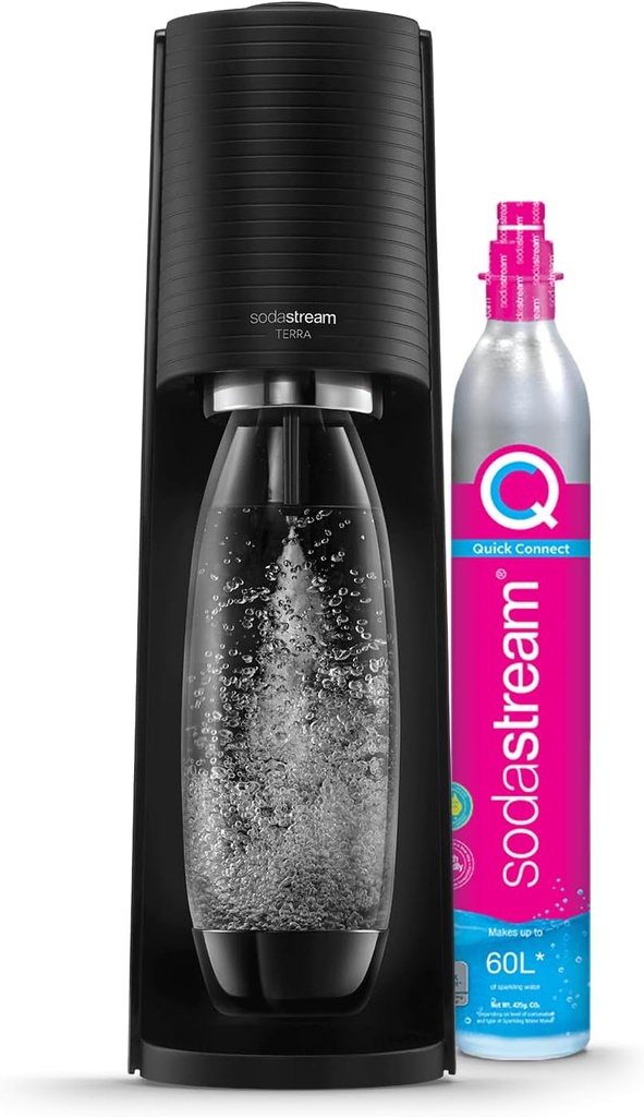 SodaStream Terra Sparkling Water Maker Machine, with 1 Litre Reusable BPA-Free Water Bottle for Carbonating & 60 Litre Quick Connect CO2 Gas Cylinder – Black