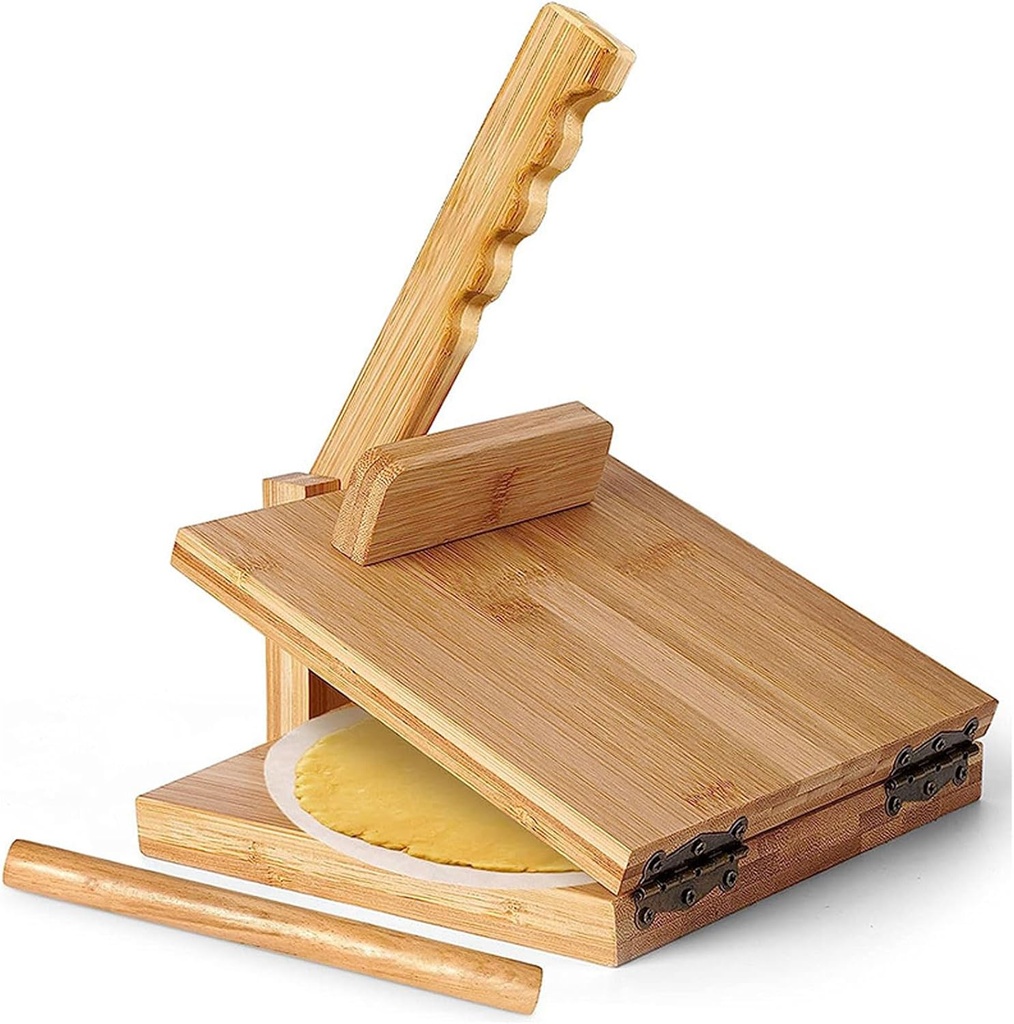 Asixxsix Wooden Tortilla Press Maker, 10 Inch Dough Press Machine with Rolling Pin and 50Pcs Parchment Paper, Manual Corn Tortilla Maker for Homemade Mexican Tortillera, Taco, Roti