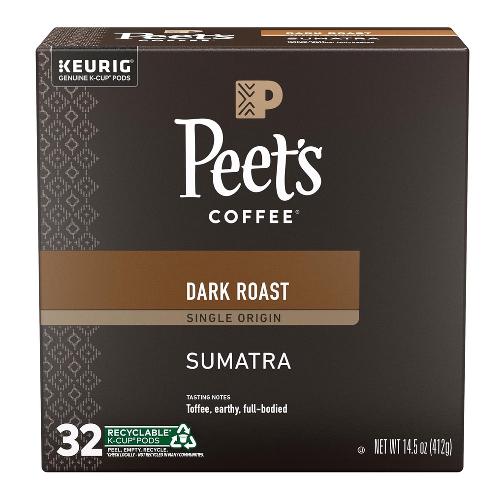 Peet's Coffee, Dark Roast Single Serve Coffee Pods - Single Origin Sumatra 32 Count (1 Box of 32 Pods)