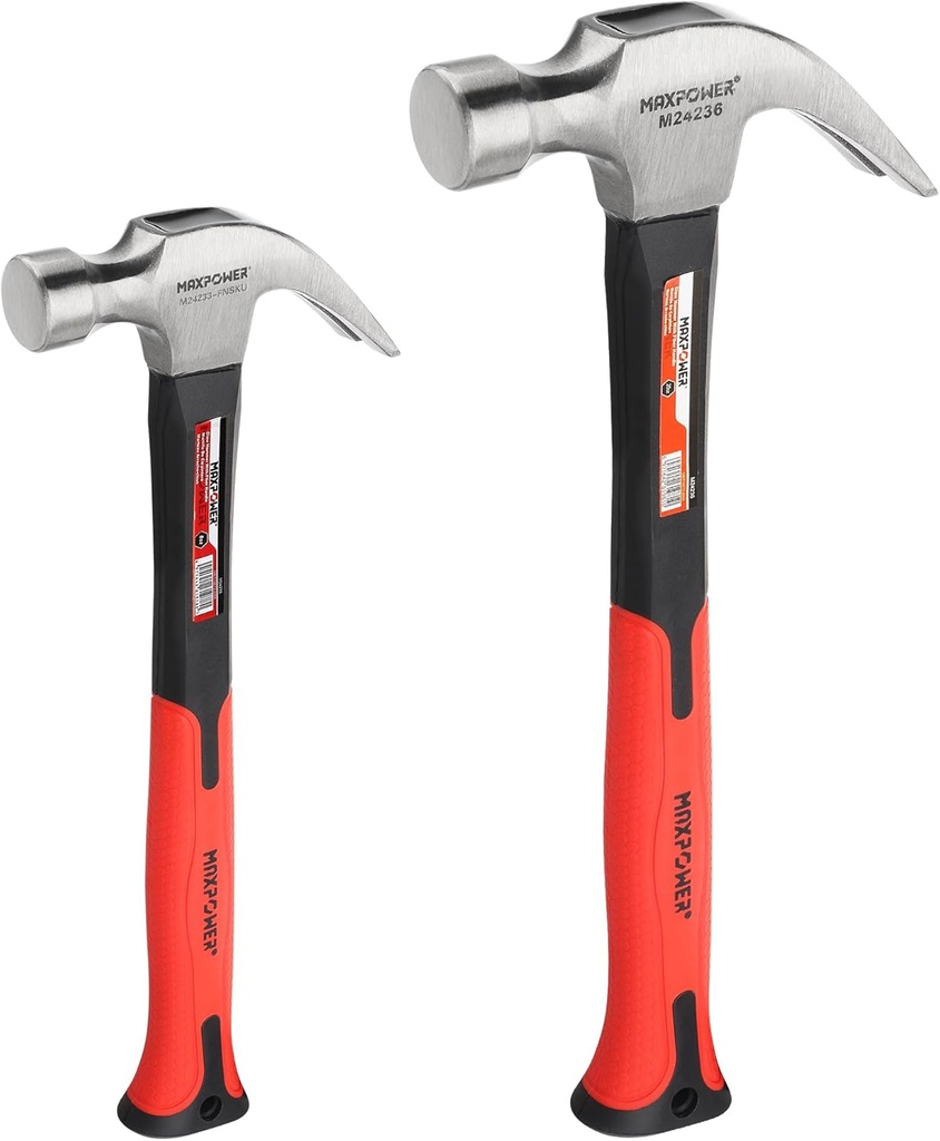 MAXPOWER Hammer Set, 8oz & 20oz Claw Hammers, Polished Alloy Steel Hammer-Head & Fiberglass Handle with Rubber Grip