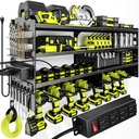 Large Power Tool Organizer Wall Mount with Charging Station,4 Layer Heavy Duty Metal Tool Storage Rack Loads 600lbs with 8 Cordless Drill Holder,Battery Utility Rack Loads with 4 Power Strip