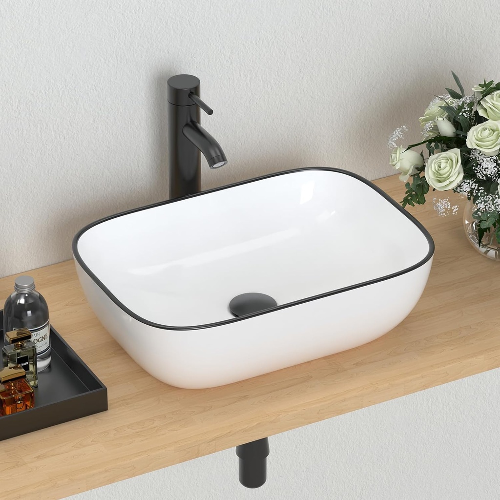 J-FAMILY 18.3'' x 13'' Bathroom Vessel Sink White Porcelain Ceramic Sink Bowl Above Counter Oval Wash Basin Black Trim Decoration Vanity Sink Lavatory Art Basin