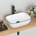 J-FAMILY 18.3'' x 13'' Bathroom Vessel Sink White Porcelain Ceramic Sink Bowl Above Counter Oval Wash Basin Black Trim Decoration Vanity Sink Lavatory Art Basin
