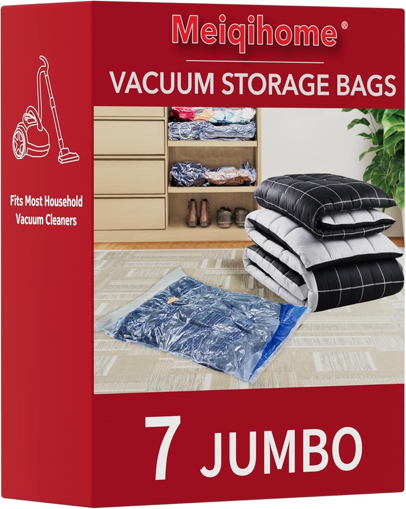 Vacuum Storage Bags 7 Jumbo, Space Saver Sealer Bags,Plastic Packaging Bags,Compression Bags for Clothes, Pillows, Comforters, Blankets, Bedding,No pump included