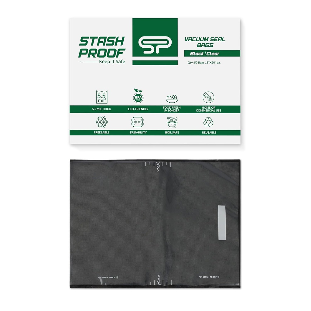 Vacuum Seal Bags 15" x 20" (50 Count) 5.5 Mil (Black and Clear) - BPA Free Commerical Grade Food Saver for Storage, Sous Vide, and Meal Prep Sealer Bag
