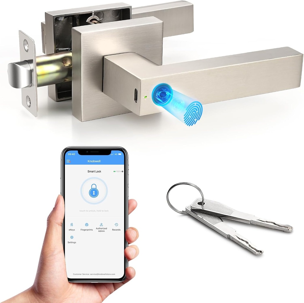 KNOBWELL Smart Fingerprint Door Lock with App Control, Smart Door Lock, Biometric Door Knob, Keyless Entry Door Lock with Handle for Home, Hotel, Apartment, Office, Airbnb-Silver