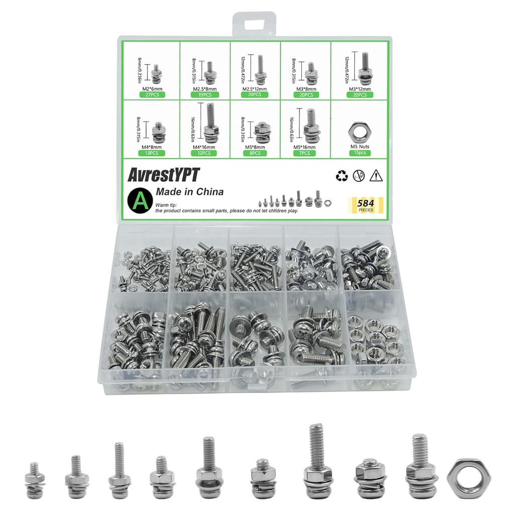 584 Pcs Metric Screw Assortments,M2 M2.5 M3 M4 M5 Assorted Nuts and Bolts Assortment Kit,Stainless Steel Metric Machine Screw Assortment Kit,Round Screws Set for Repair Electronic Fasteners Hardware