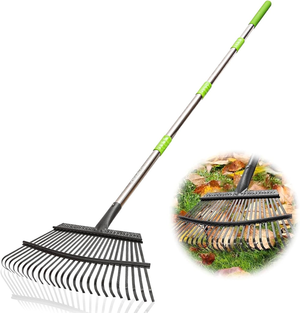 Joyhalo Rake for Leaves Adjustable 65 Inch Long, 18 Inch Wide Garden Rake with 25 Tines, Metal Leaf Rakes, Rakes for Lawns, Gathering Leaves, Weeds, Debris