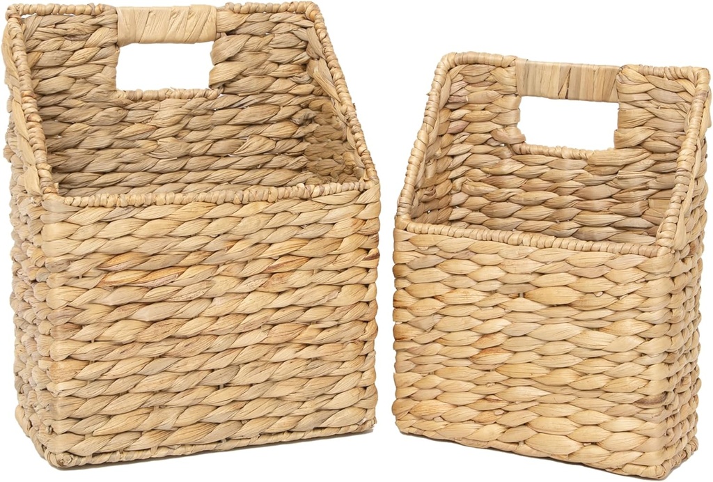 Set of 2 Water Hyacinth Hanging Wall Baskets with Iron Handles | Wall Mount File Organizer for Entryway, Kitchen & Office | Natural Woven Storage Set (Large & Small)​​