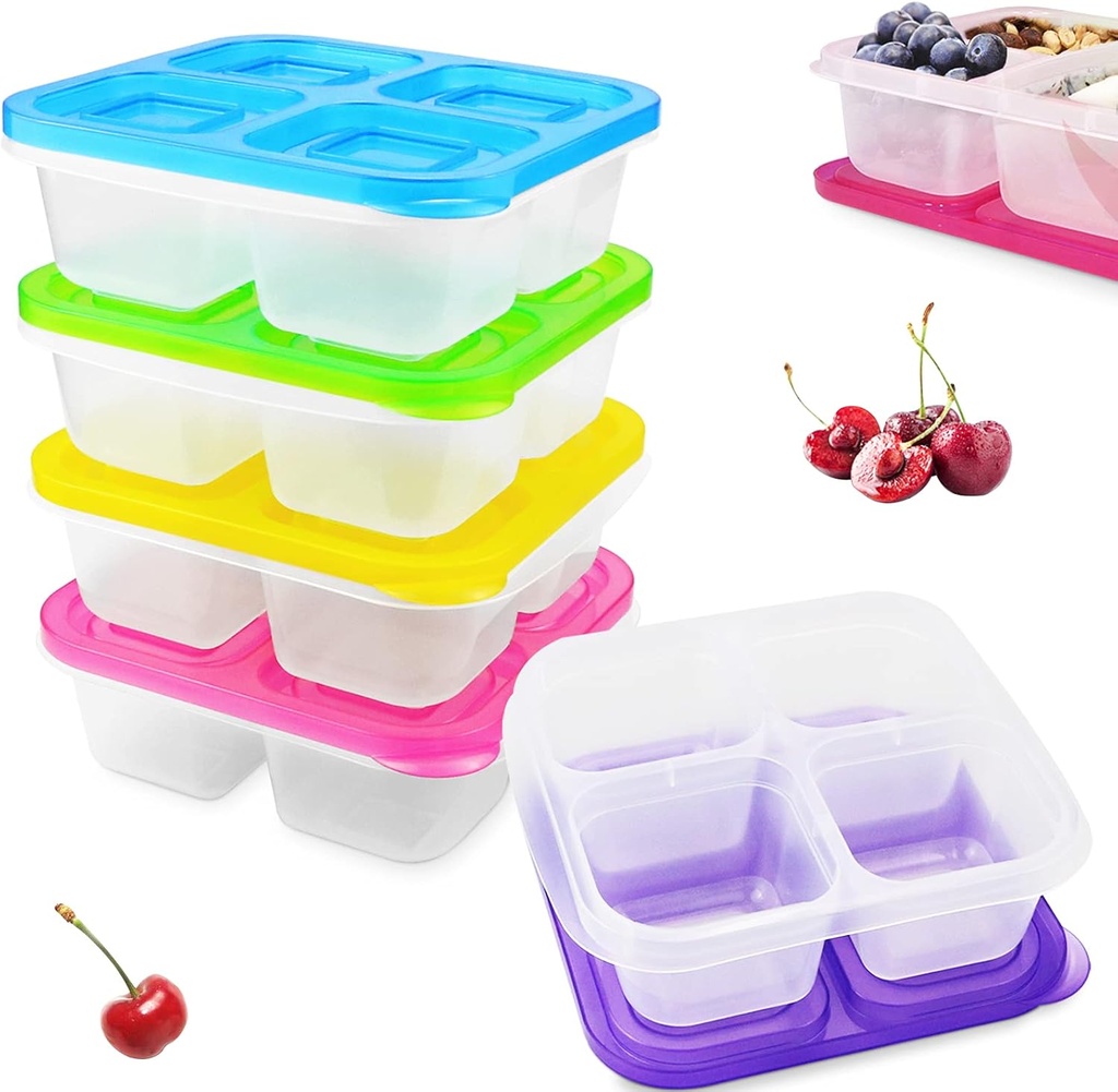 Set of 5 Reusable Bento Snack Food Containers, 4 Compartments Leakproof Food Prep Containers for Travel, School and Work