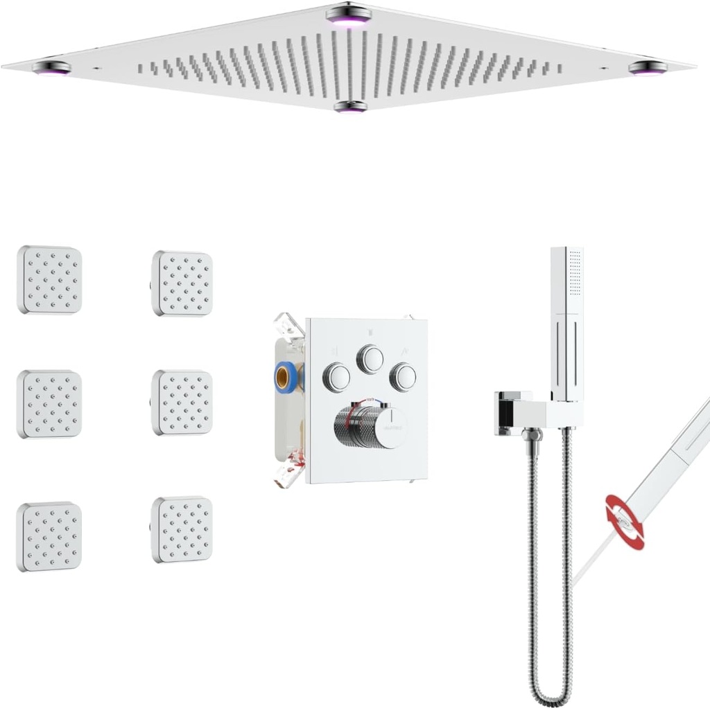 VANFOXLE Temperature Shower Faucet Set Chrome Shower System, Push Button Diverter Shower Faucet with 2 In 1 Handheld, 16 Inch LED Shower Head, 6 PCS Body Jets