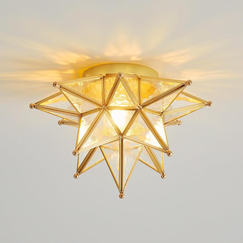 Gold Moravian Star Ceiling Light - 12.7 Inch Brass Vintage Flush Mount Lighting Fixtures with E26 Base - Art Deco Modern Moroccan Glass Fixture Lights for Hallway Kitchen Farmhouse Bedroom Entryway